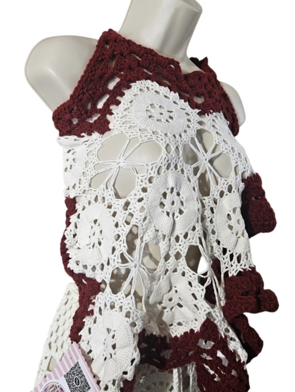 Hand Crafted White Burgundy Crochet Swim Coverup 2 Piece Set - Picture 15 of 17